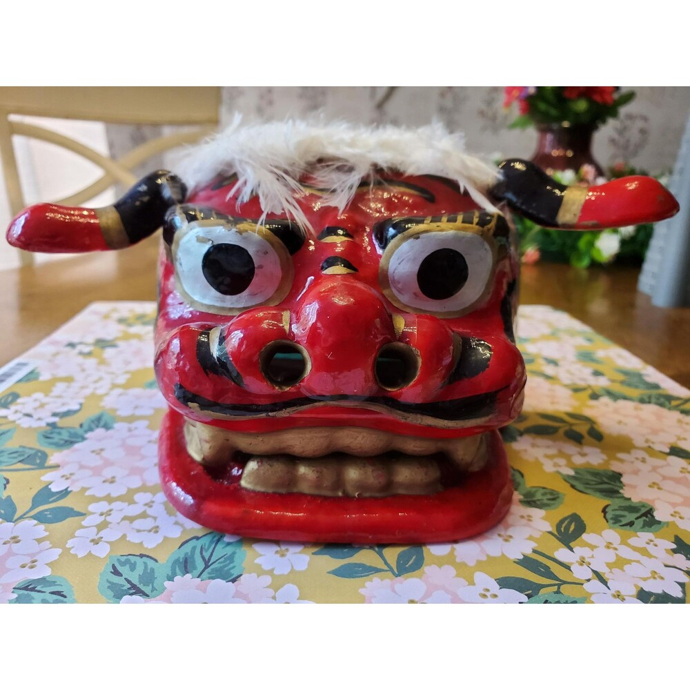 Vintage Japanese Shishigashira Lion Mask | Red Gold Folk Art Guardian (Shishimai